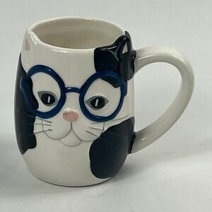 Tag Cat Kitten Coffee Mug Cup Blue Glasses Black White Ceramic Figural Sculpted